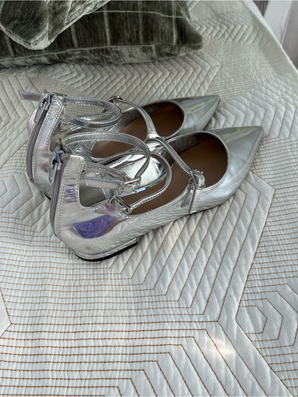 INC International Concepts Silver Pointed-Toe Double Ankle-Strap Flats - Picture 2 of 5